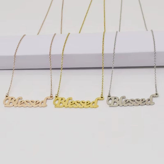 Blessed Script Pendant Necklace – Elegant Faith-Inspired Gold Chain