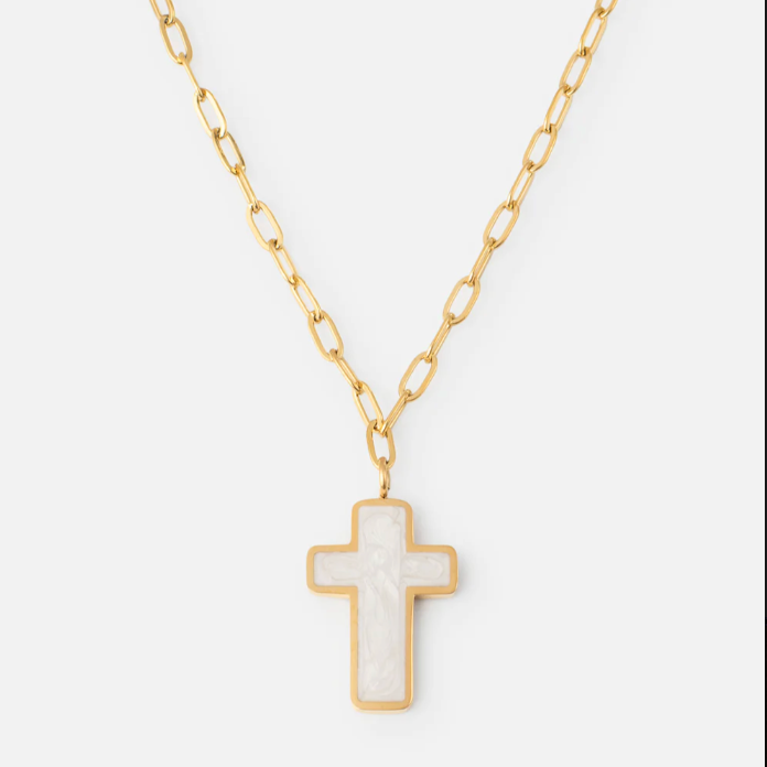 Gold & White Enamel Cross Necklace – Elegant Christian Faith Pendant