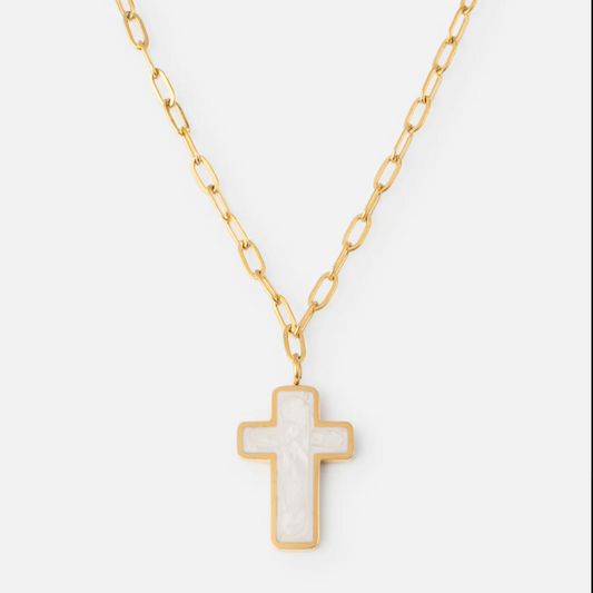 Gold & White Enamel Cross Necklace – Elegant Christian Faith Pendant