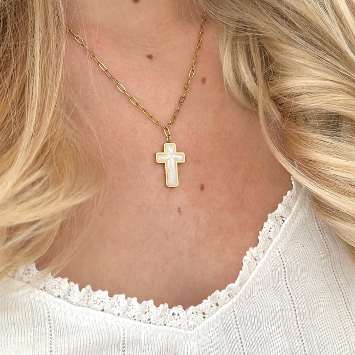 Gold & White Enamel Cross Necklace – Elegant Christian Faith Pendant