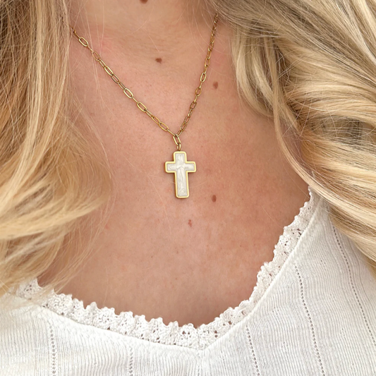 Gold & White Enamel Cross Necklace – Elegant Christian Faith Pendant