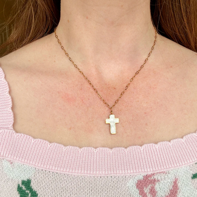 Gold & White Enamel Cross Necklace – Elegant Christian Faith Pendant