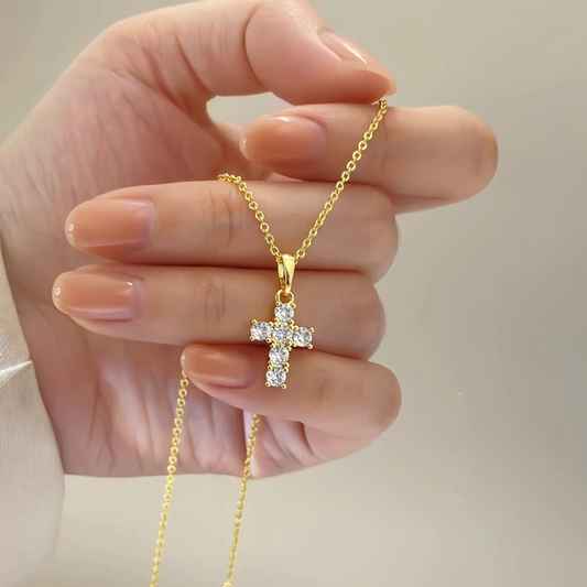 Crystal Cross Pendant Necklace – Elegant Gold Christian Faith Jewelry