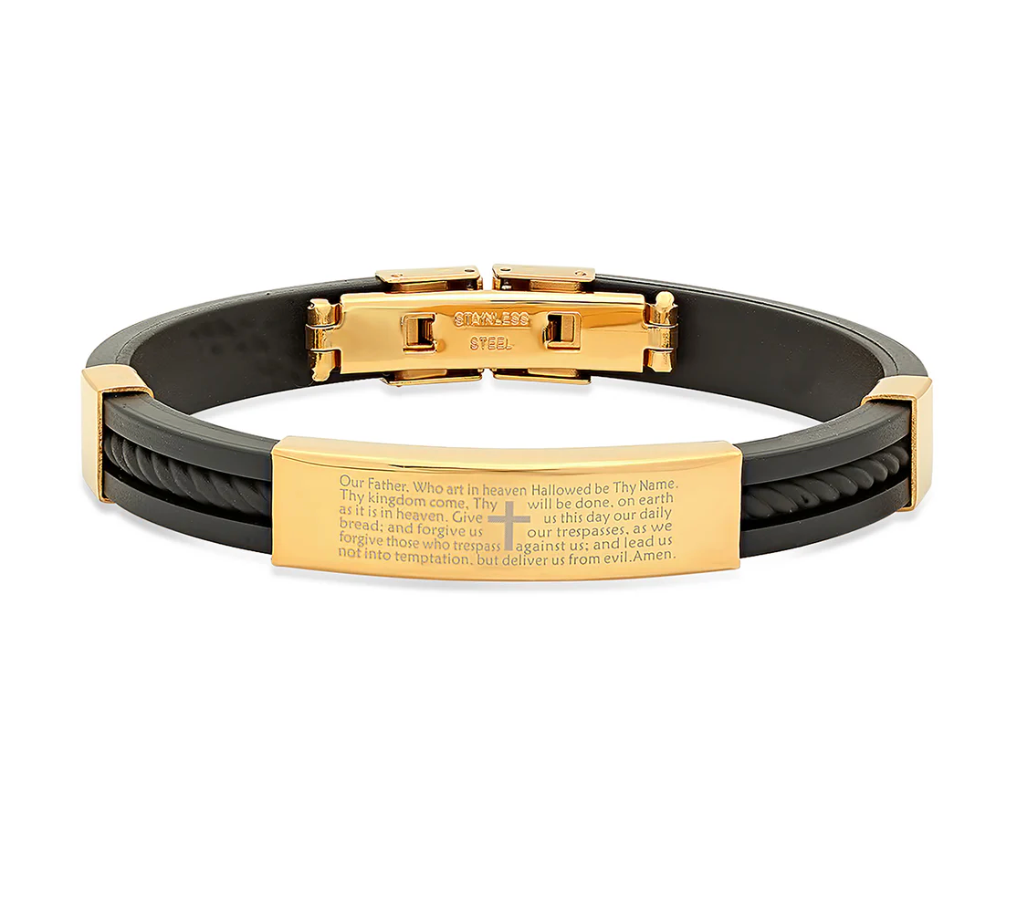 Stainless Steel Mens Black -Tone Lord's Prayer Religious Black Rubber Bracelet