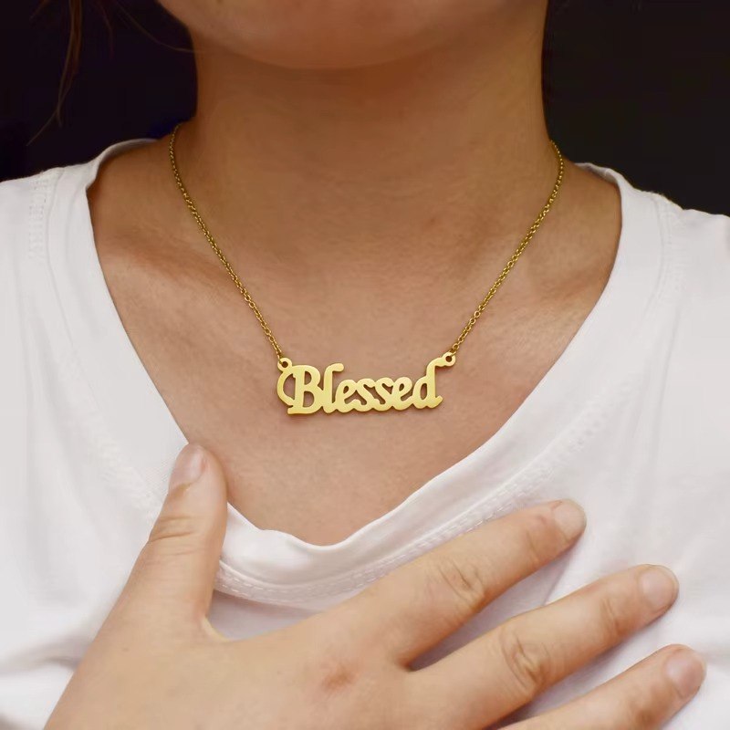 Blessed Script Pendant Necklace – Elegant Faith-Inspired Gold Chain